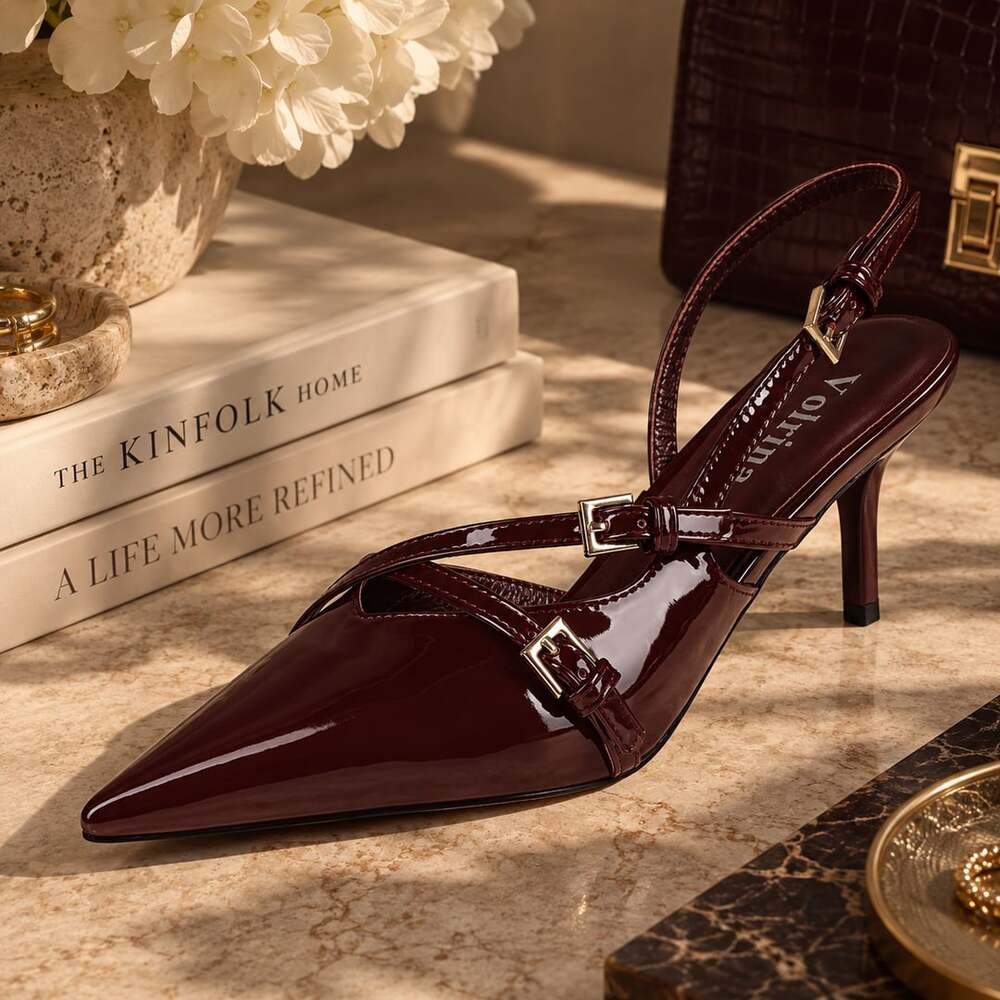 Slingback Kitten Heels Pointed Toe Buckle Straps Stiletto High Heeled Sandals